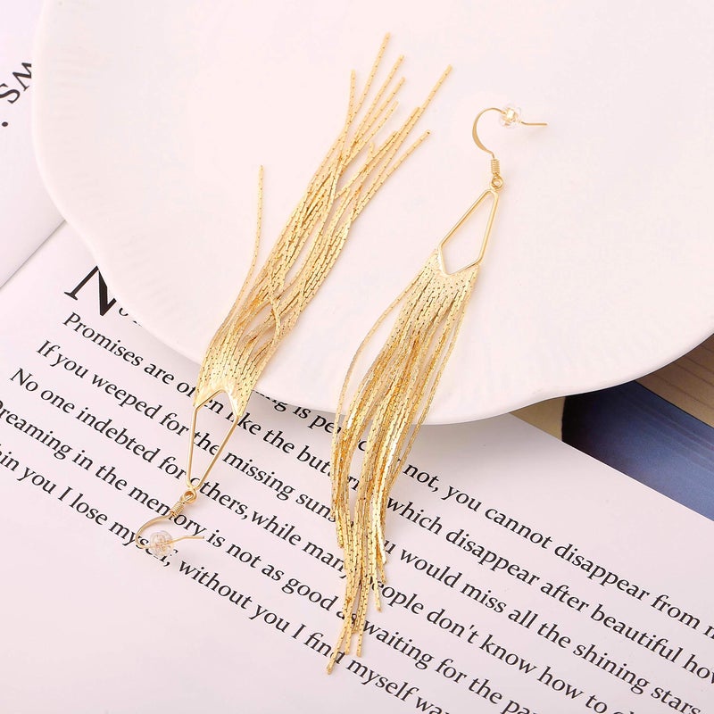 PEARLADA 18K Gold Plated Long Chain Tassel Earrings Simple Hook Jewelry for Women Fashion Sleek Chain Dangle Drop Earrings for Party Linear Fringe Earring - Image 5